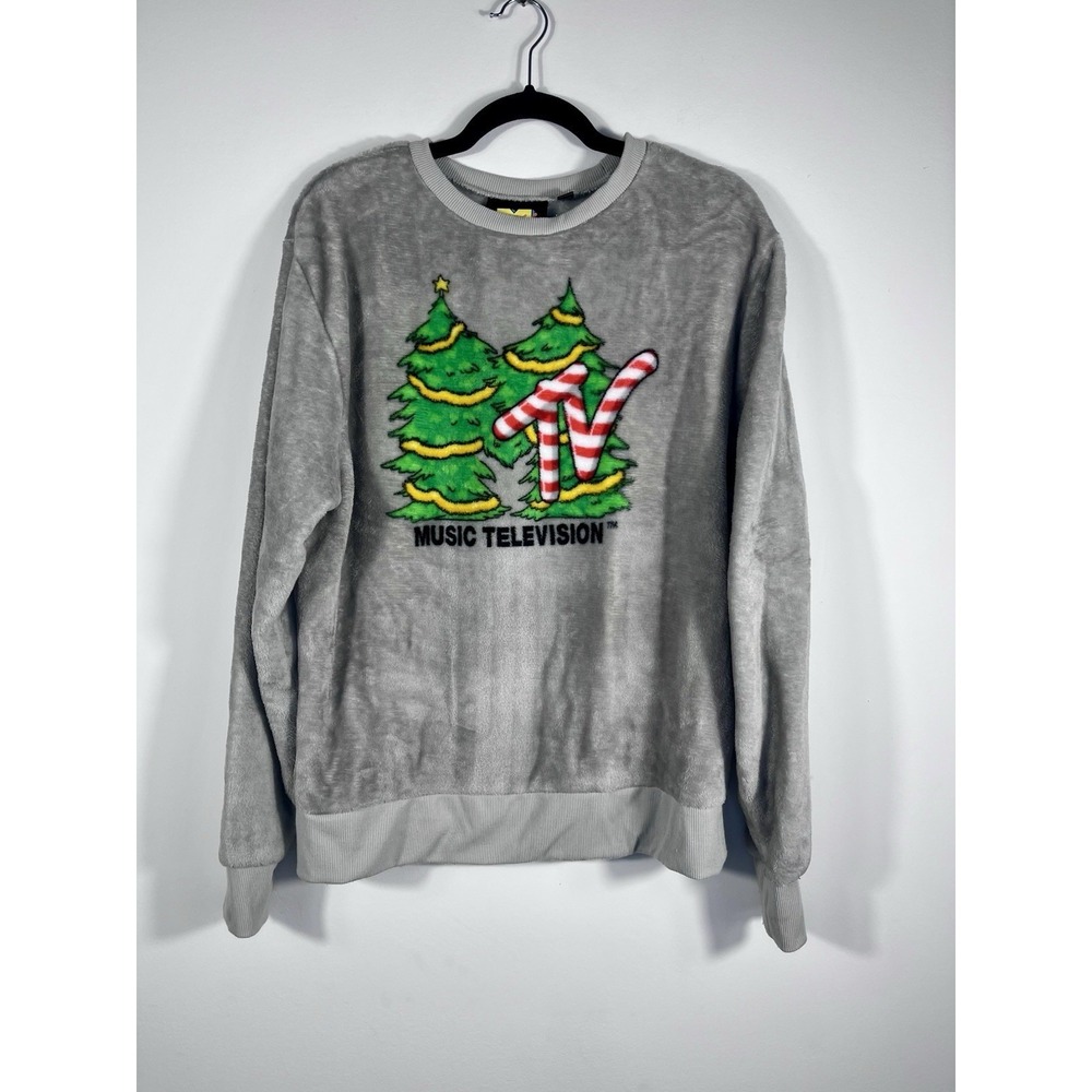 MTV Christmas Sweatshirt Gray Plush Fuzzy Fleece Holiday Candy Cane Trees...